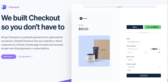 Stripe Checkout demo showing payment form with product pricing and payment options.