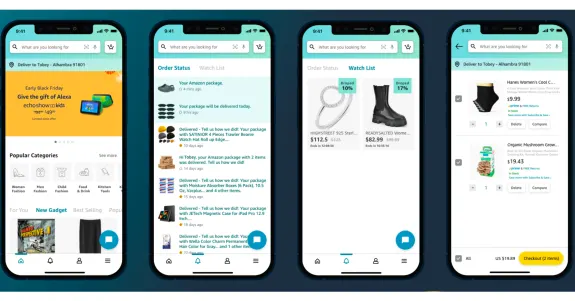 Four smartphone screens displaying an ecommerce mobile app with order status, watch list, and shopping cart.