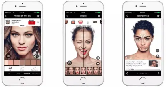 Three smartphones displaying a makeup try-on app with various features.