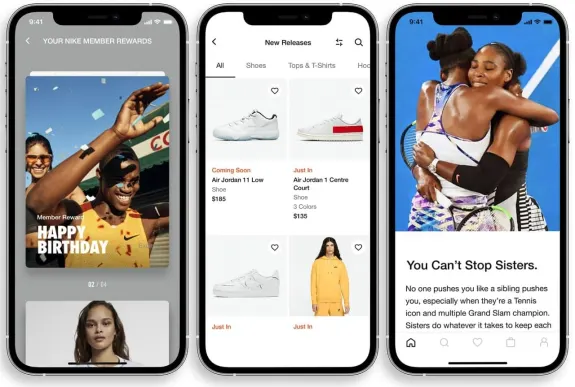 Three smartphone screens showing Nike app with rewards, new releases, and birthday offer.