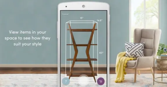 Augmented reality app showing wooden shelf placement in living room.