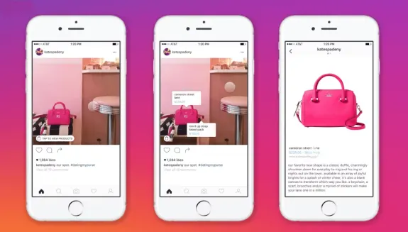 Three iPhones displaying Instagram shopping feature with a pink handbag.