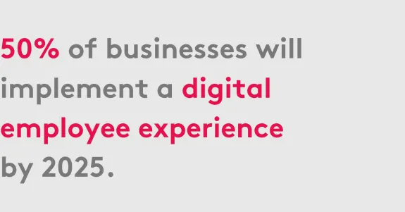Text stating 50 percent of businesses will implement digital employee experience by 2025.