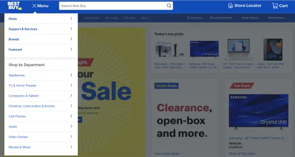 Best Buy website navigation menu with sale ads and product listings.