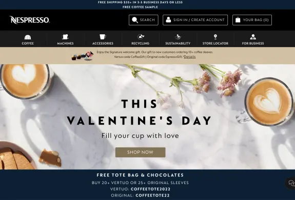 Nespresso Valentine's Day promotion with coffee cups and flowers on marble table.