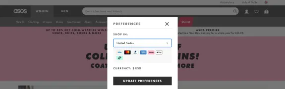 ASOS preferences setting with shop location in United States and USD currency options.