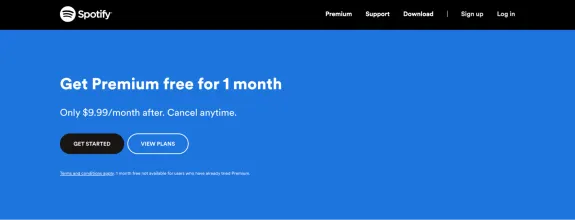 Spotify offer for 1 month free premium subscription with call-to-action buttons.