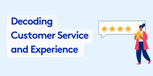 Illustration of woman holding star with text decoding customer service and experience