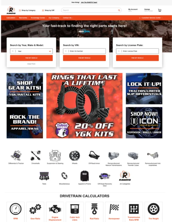 Auto parts website homepage with discounts, search tools, and product categories.