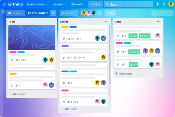 Trello board displaying columns for to-do, doing, and done tasks with user avatars.