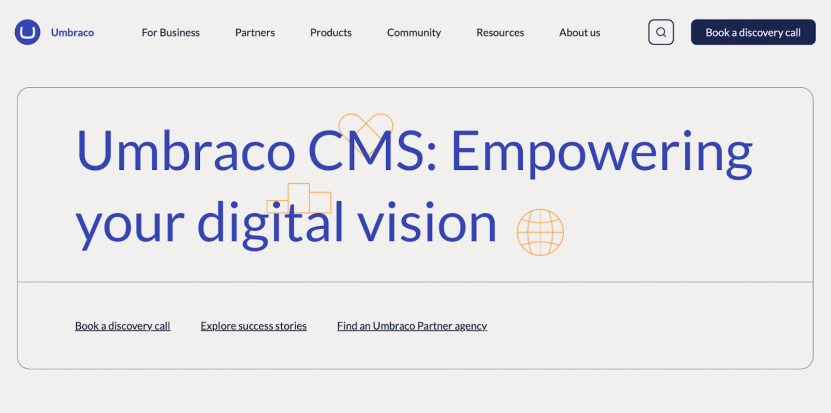 Umbraco CMS homepage banner with text empowering your digital vision