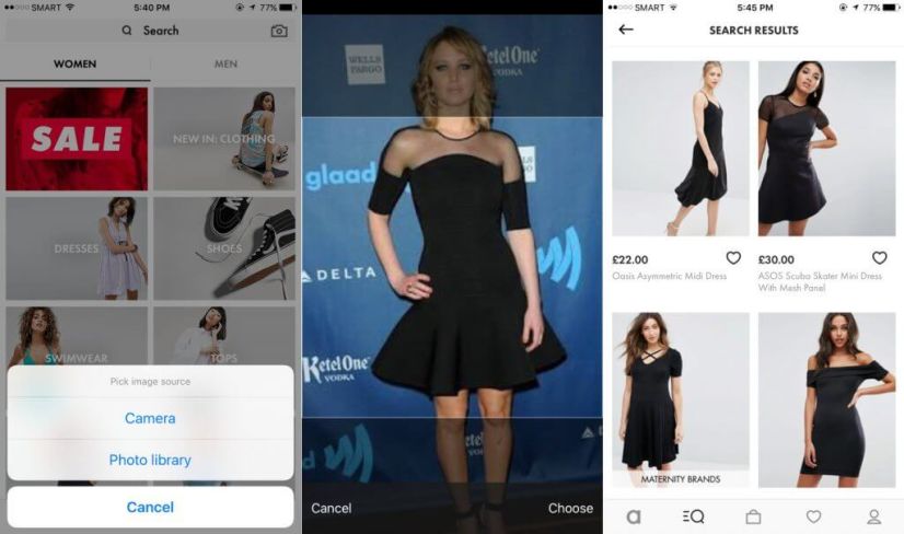 Collage showing fashion shopping app interface with dresses and sale.