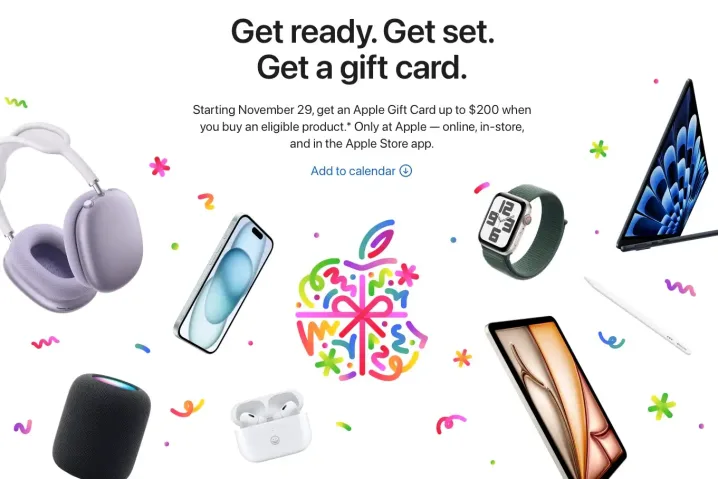 Apple promotion banner featuring headphones, iPhone, watch, laptop, and gift card offer.