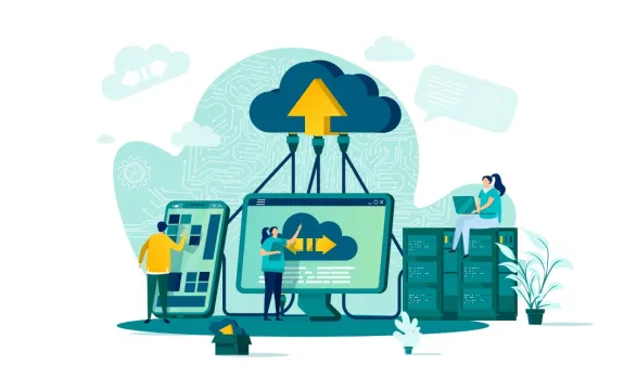 Illustration of cloud computing with upload arrow and people using devices.