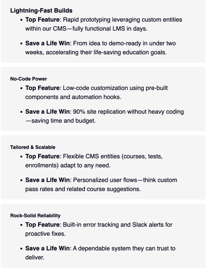 Overview of CMS features including lightning-fast builds, no-code power, tailored scalability, and rock-solid reliability.