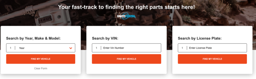 Online tool for searching vehicle parts by year, VIN, or license plate with find my vehicle button.