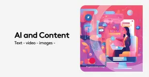 Digital art illustration of AI content creation with text, video, and images.