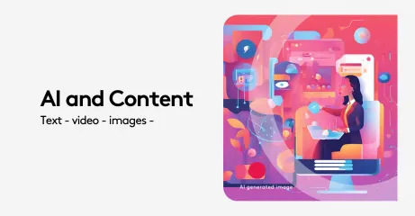Digital art illustration of AI content creation with text, video, and images.