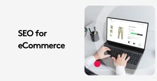 Person using laptop for online shopping with SEO for eCommerce text.