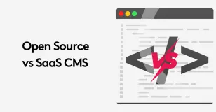 Illustration comparing open source and SaaS CMS with vs symbol in browser window.