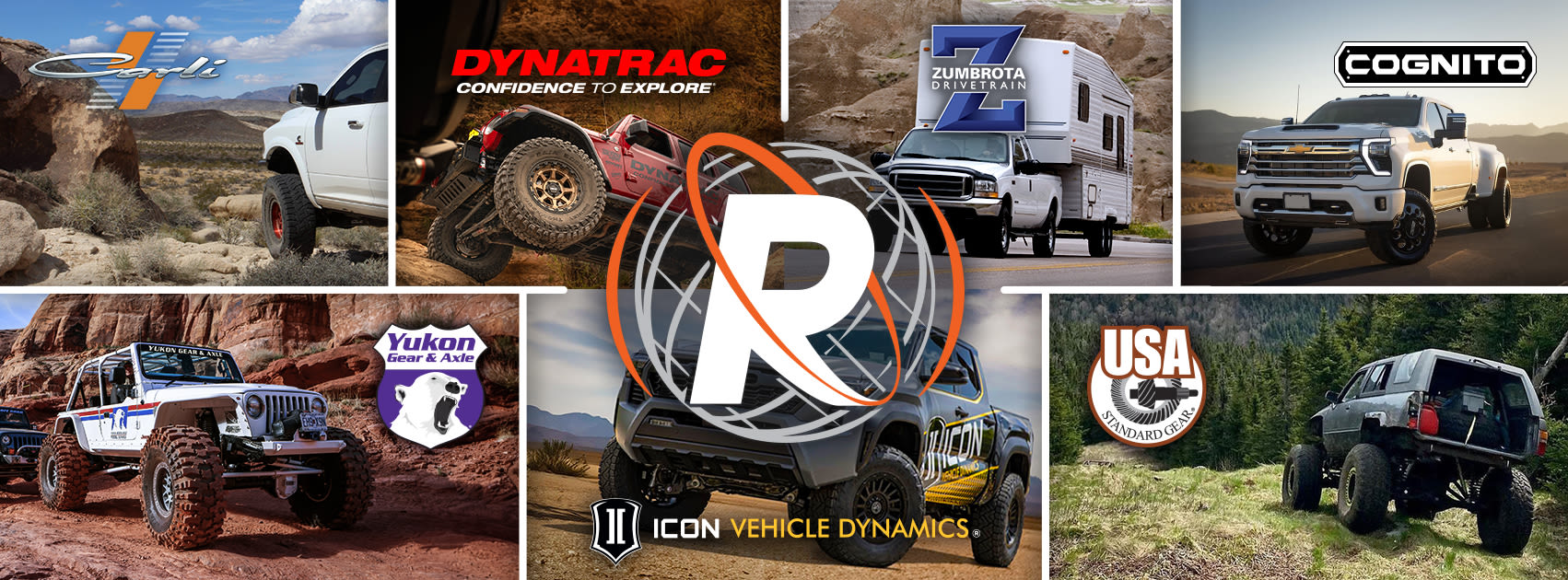 Collage of offroad vehicles and brand logos featuring trucks and rugged landscapes.