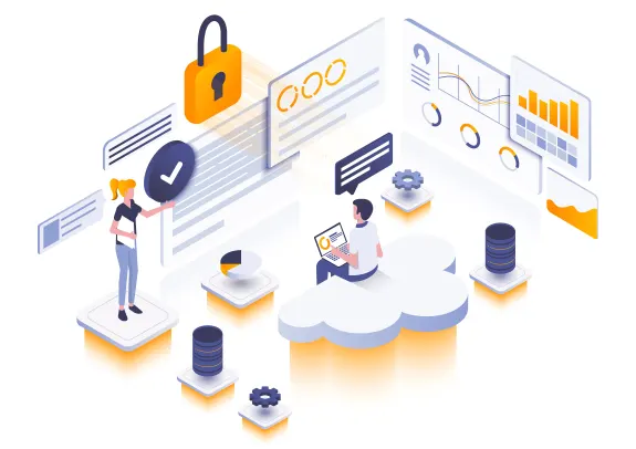 Illustration of data security and cloud computing with people and charts.