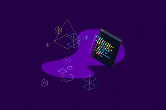 Abstract illustration of a dark coding screen with geometric shapes on a purple background.
