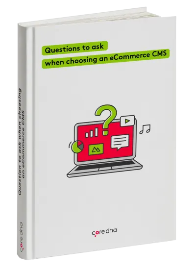 Ebook cover titled 'Questions to ask when choosing an eCommerce CMS' by Coredna