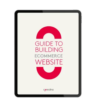 Tablet displaying cover for guide to building ecommerce website by coredna.