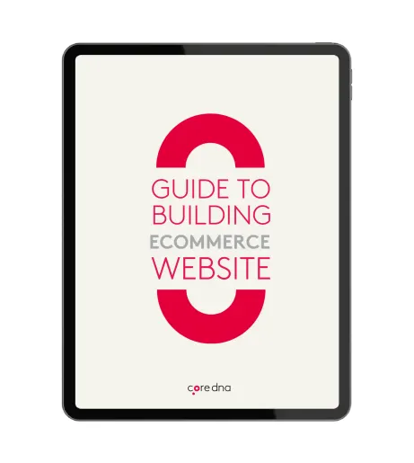 Tablet displaying cover for guide to building ecommerce website by coredna.