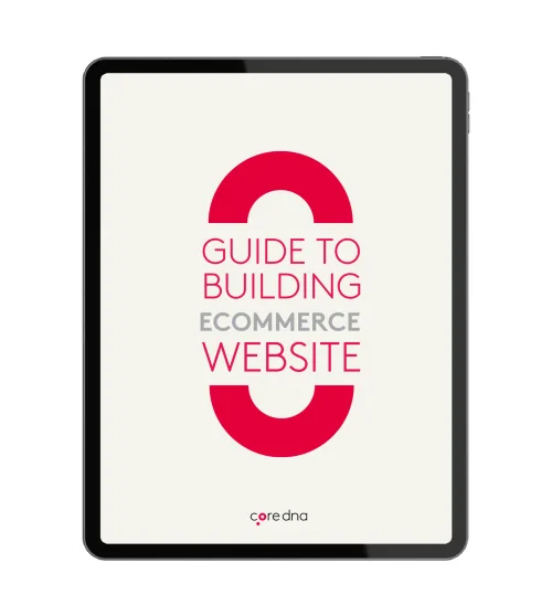 Tablet displaying cover for guide to building ecommerce website by coredna.