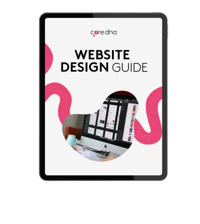 Tablet displaying website design guide cover with core dna logo.