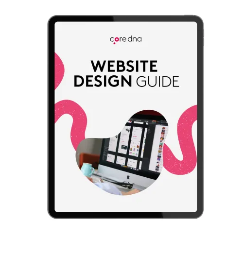 Tablet displaying website design guide cover with core dna logo.
