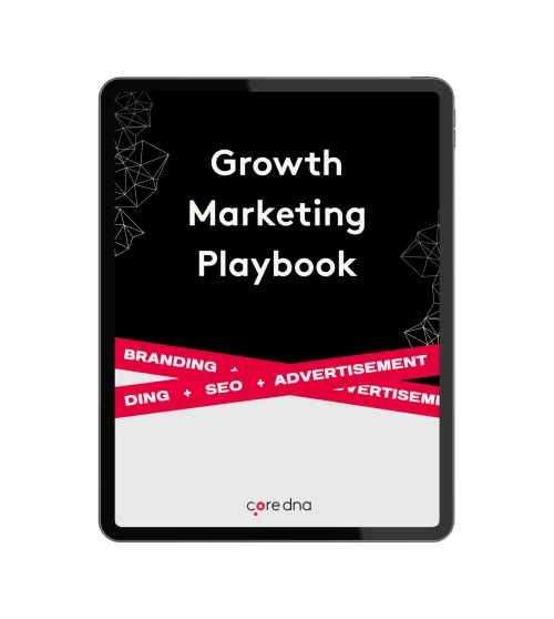 Tablet showing Growth Marketing Playbook cover with branding and SEO text.
