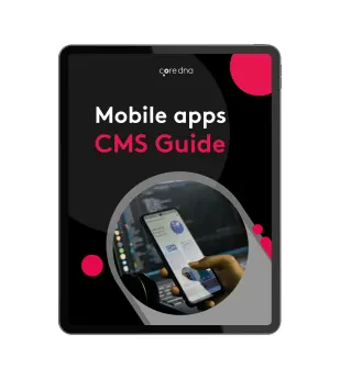 Tablet displaying Mobile Apps CMS Guide with a phone showing coding apps