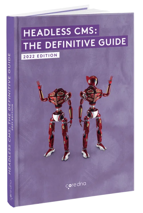 Cover of the book 'Headless CMS: The Definitive Guide' 2022 Edition with robots on a purple background.
