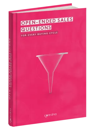 Book cover titled 'Open-Ended Sales Questions for Every Buying Cycle' with pink background and funnel graphic.