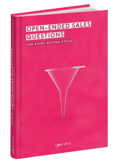 Book cover titled 'Open-Ended Sales Questions for Every Buying Cycle' with pink background and funnel graphic.