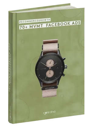 Book cover of 70+ MVMT Facebook Ads showing a stylish watch on a green background.