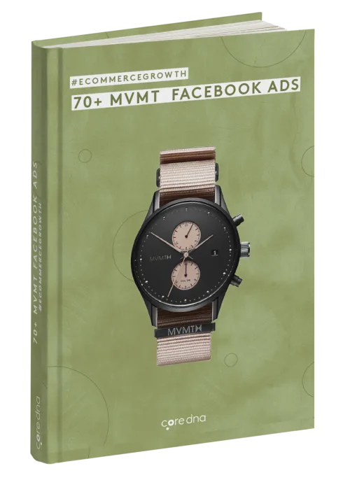 Book cover of 70+ MVMT Facebook Ads showing a stylish watch on a green background.