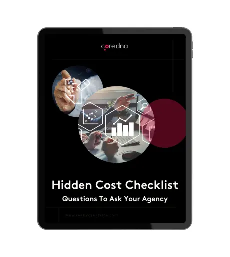 Tablet displaying hidden cost checklist with business graphics and branding.