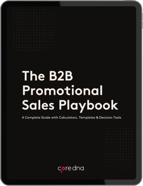 Cover of The B2B Promotional Sales Playbook by coredna, featuring a complete guide with calculators, templates, and tools.
