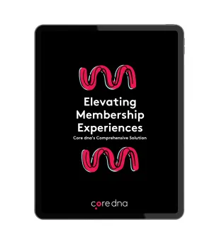 Tablet displaying 'Elevating Membership Experiences' by core dna on black background