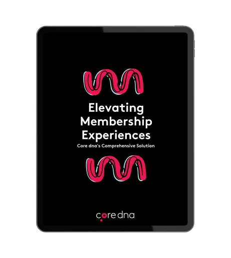 Tablet displaying 'Elevating Membership Experiences' by core dna on black background