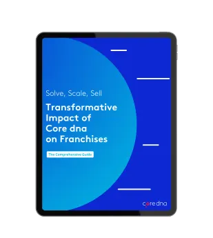 Ebook cover titled 'Transformative Impact of Core dna on Franchises' in blue and white.
