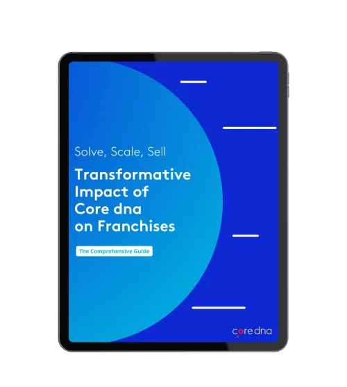 Ebook cover titled 'Transformative Impact of Core dna on Franchises' in blue and white.