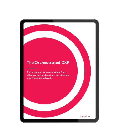 Tablet showing The Orchestrated DXP platform with red circle design.