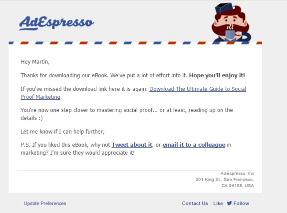 AdEspresso thank you email with eBook download prompt and social sharing options.