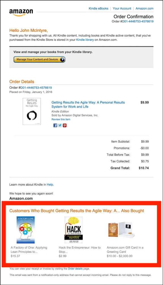Amazon order confirmation email for Kindle purchase of 'Getting Results the Agile Way.'
