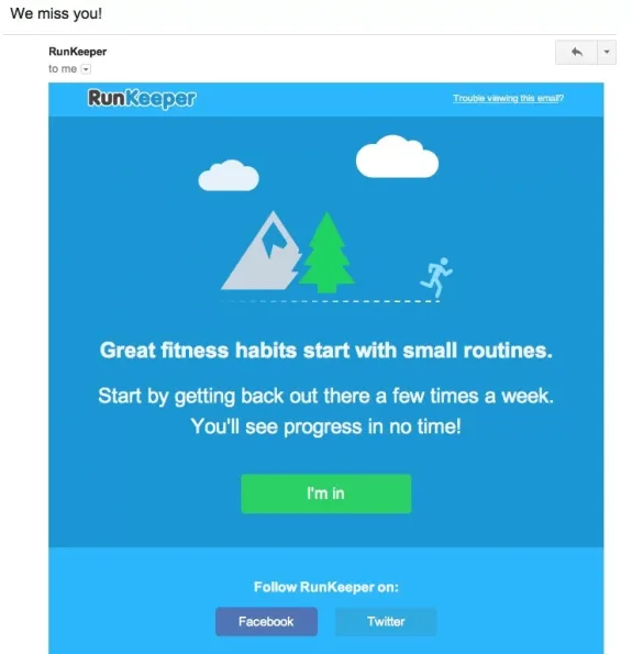 RunKeeper email promoting fitness habits with a mountain and runner icon.